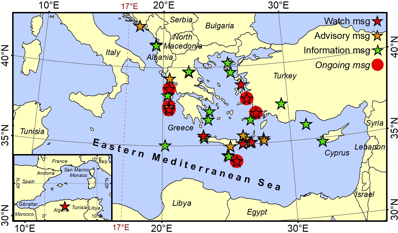 Epicenters of earthquakes for which HL-NTWC has issued tsunami warning messages (until May 2021)