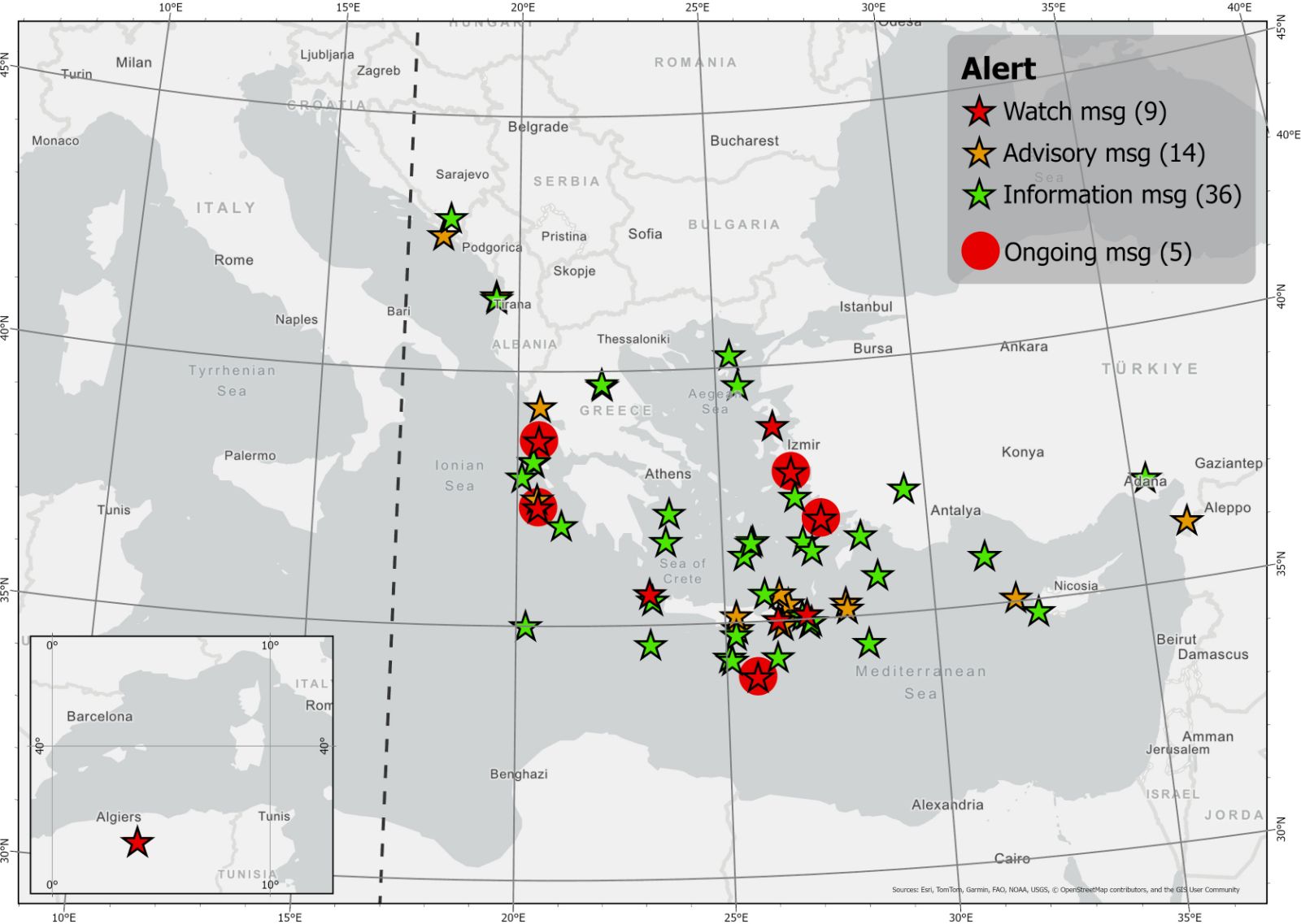 Epicenters of earthquakes for which HL-NTWC has issued tsunami warning messages (until June 2025)